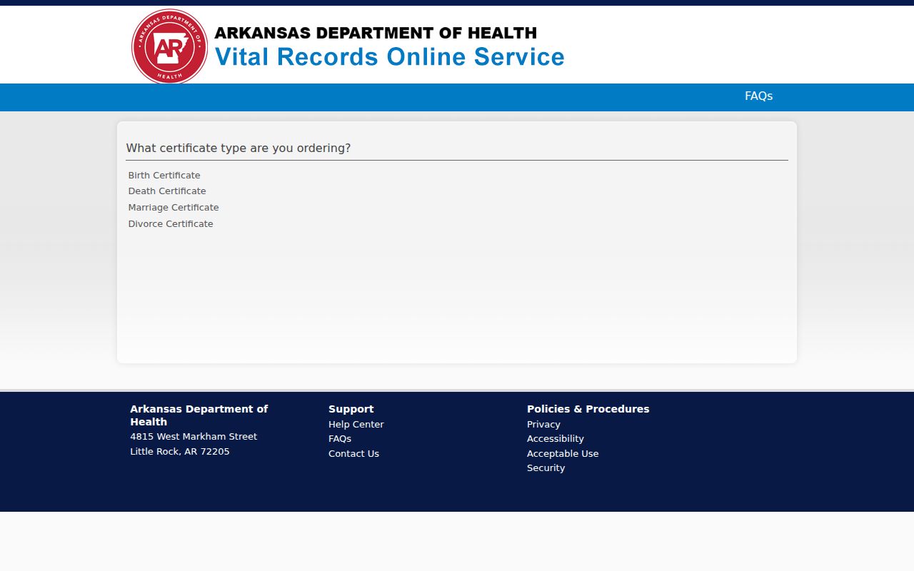 Searcy public records Arkansas Vital Records document selector